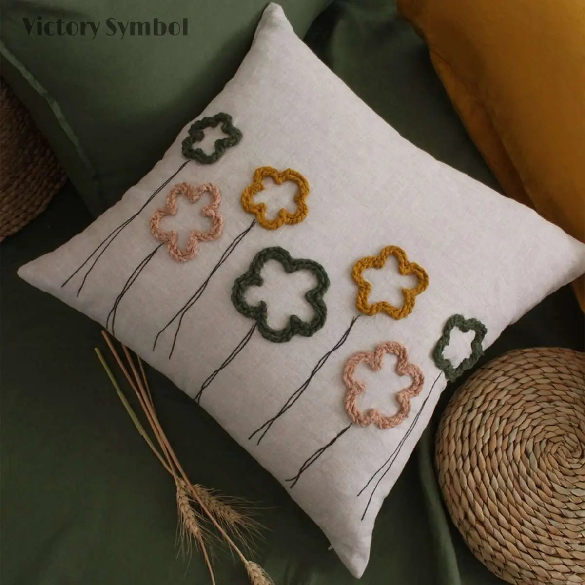 Woven flower pattern 100% Organic Linen Euro Pillowcases-victory symbol