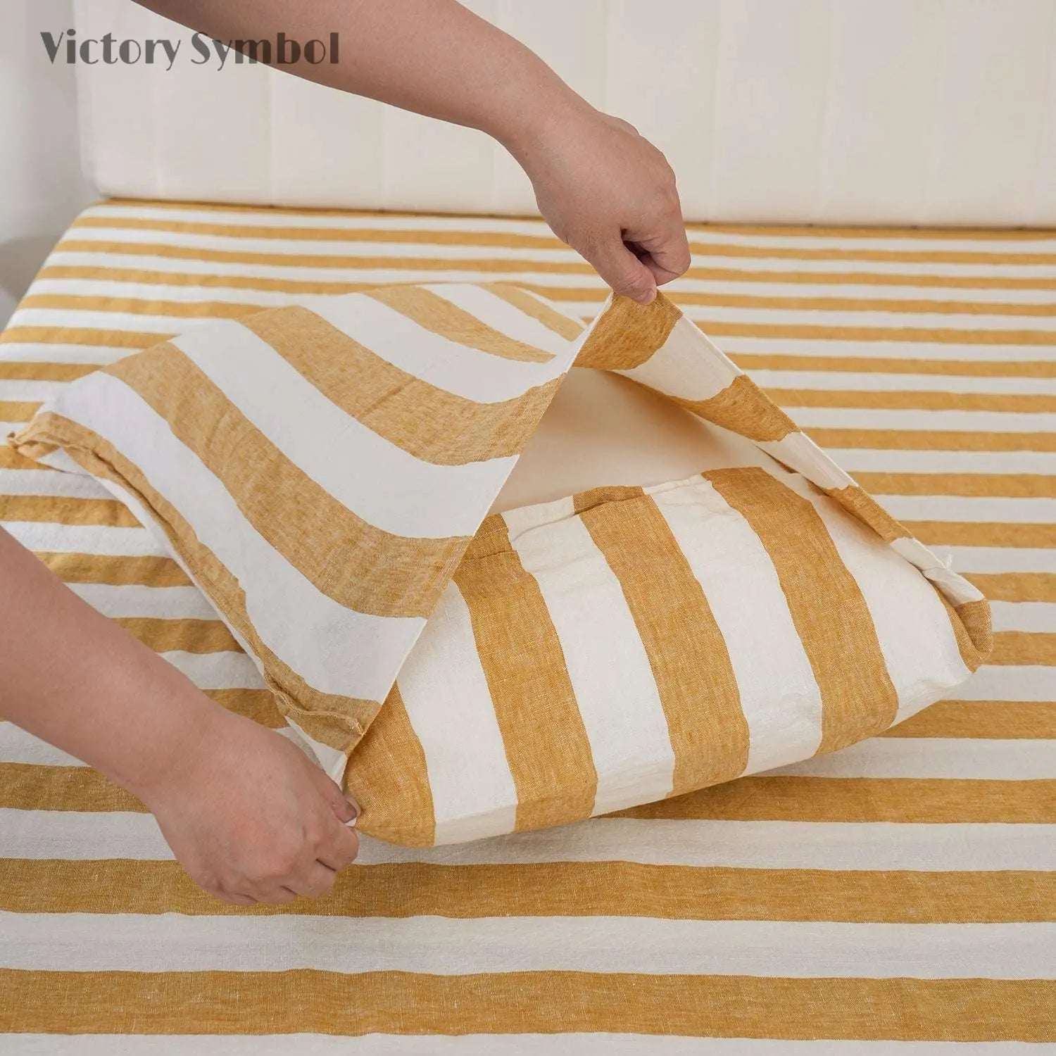 Yellow Stripe 100% Organic Linen Yarn Dyed Pillowcases - Victory Symbol