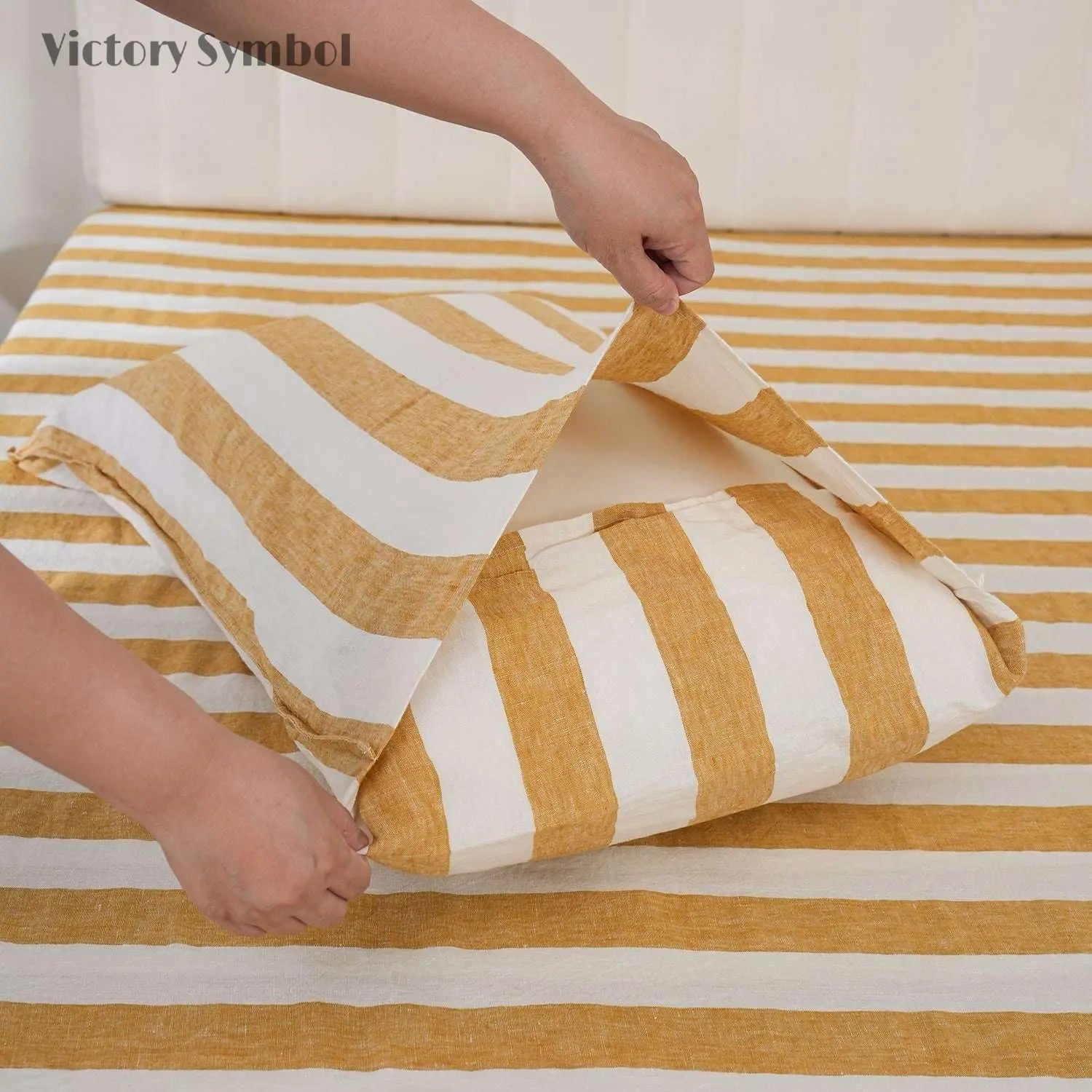 Yellow Stripe 100% Organic Linen Yarn Dyed Pillowcases - Victory Symbol