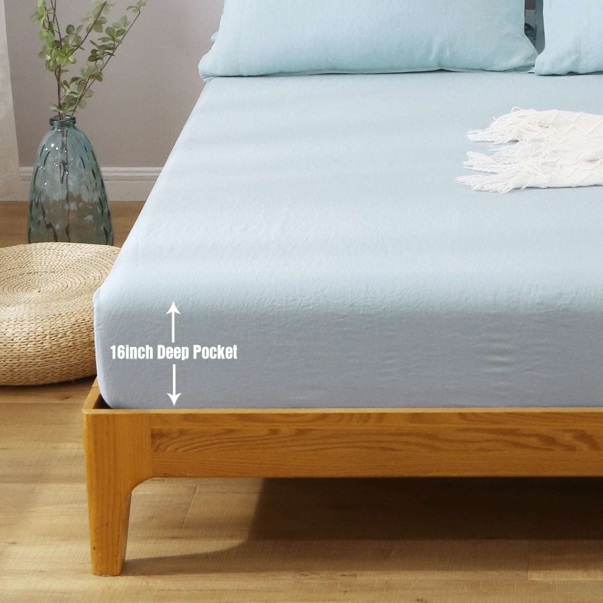 Aqua Blue 100% Organic Linen Sheets Set - Victory Symbol