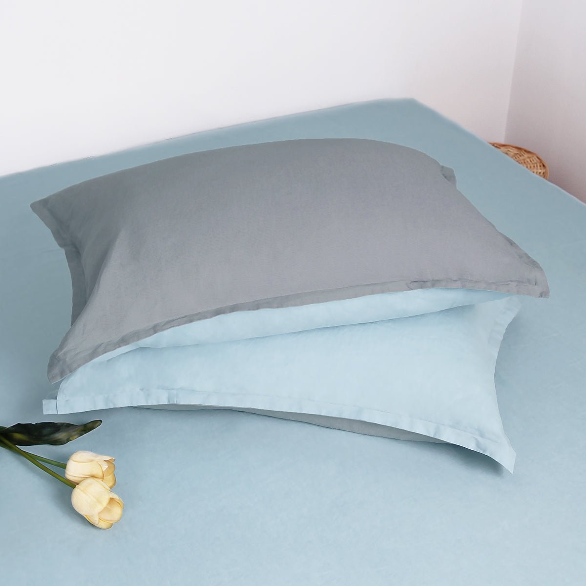 Aqua Blue And Light Grey Colorblock 100% Organic Linen Pillowcases - Victory Symbol