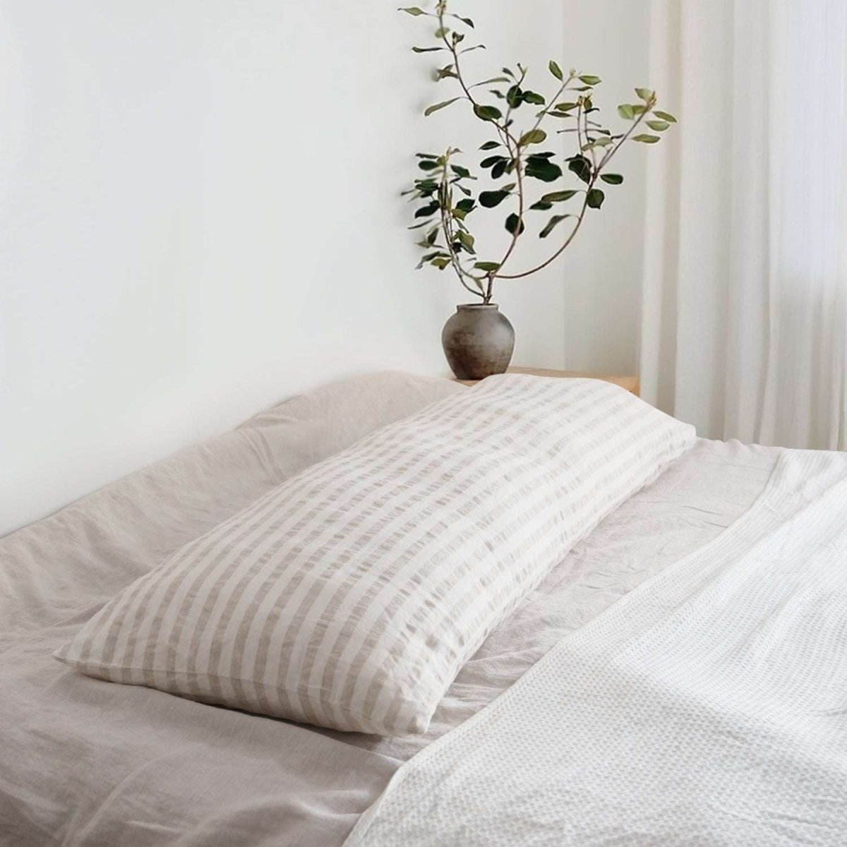 Beige Stripe 100% Organic Linen Body Yarn Dyed Pillowcase - Victory Symbol