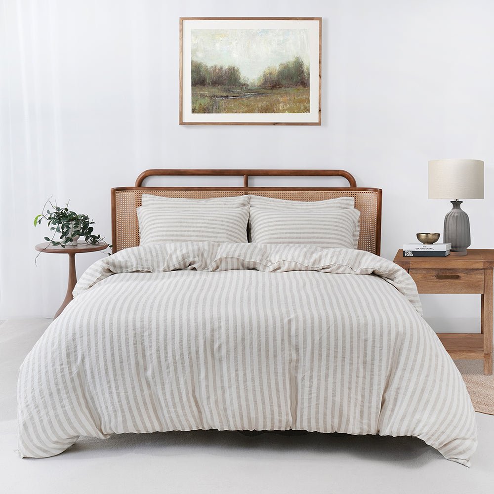 Beige Stripe 100% Organic Linen Yarn Dyed Duvet Cover Set - Victory Symbol