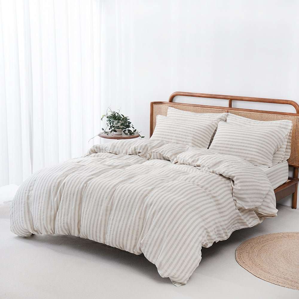 Beige Stripe 100% Organic Linen Yarn Dyed Duvet Cover Set - Victory Symbol