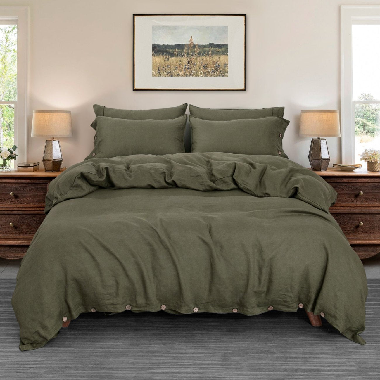 Burnt Olive 100% Organic Linen Duvet Cover Set - Victory Symbol