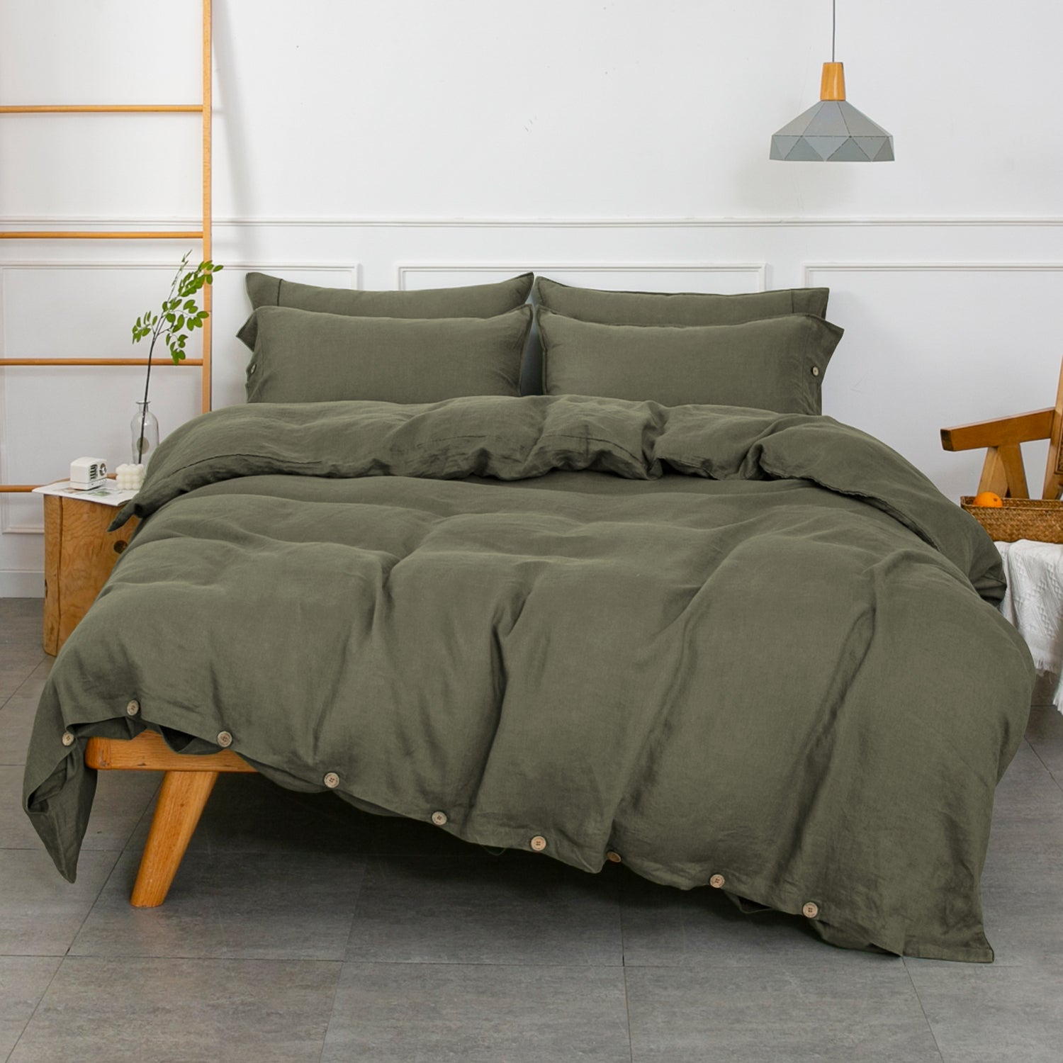 Burnt Olive 100% Organic Linen Duvet Cover Set - Victory Symbol