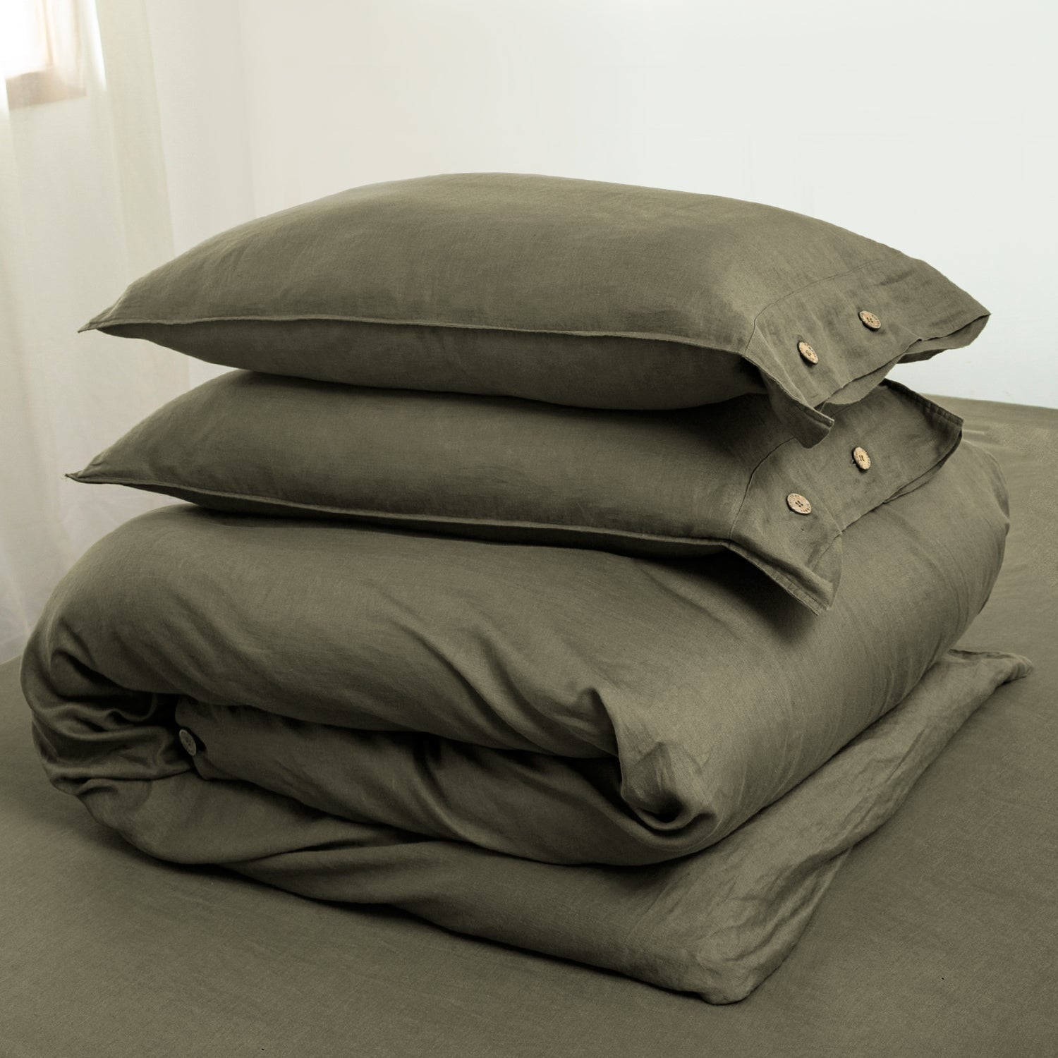 Burnt Olive 100% Organic Linen Duvet Cover Set - Victory Symbol