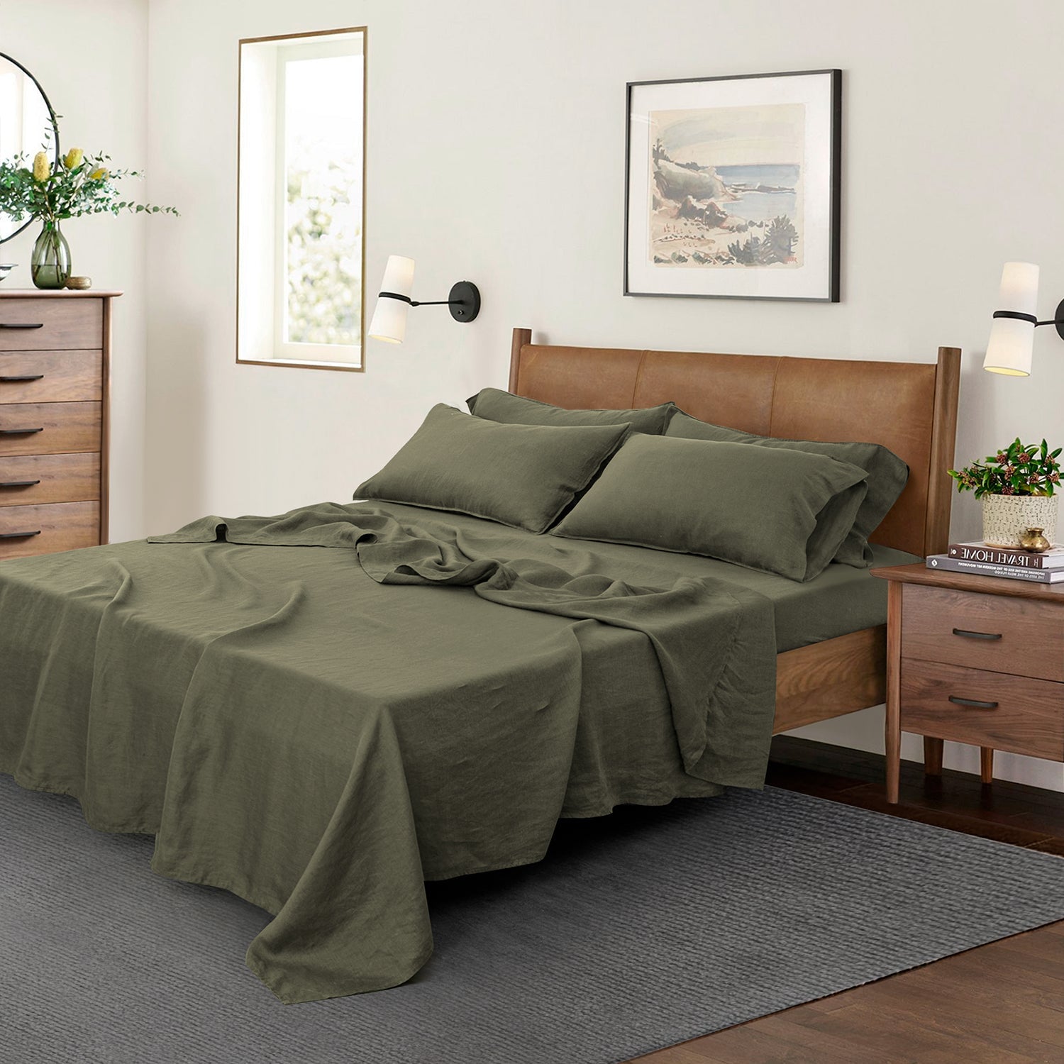 Burnt Olive 100% Organic Linen Sheets Set - Victory Symbol