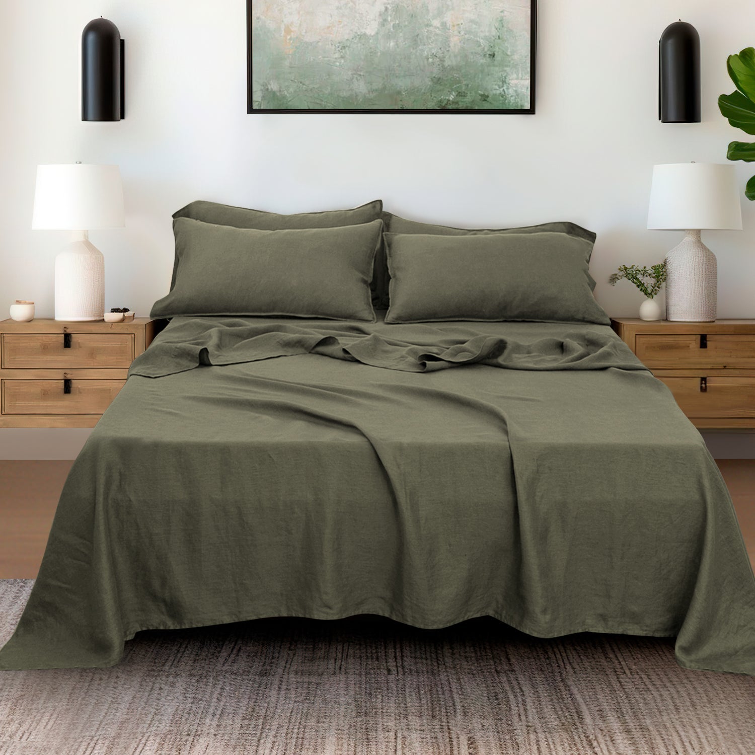 Burnt Olive 100% Organic Linen Sheets Set - Victory Symbol