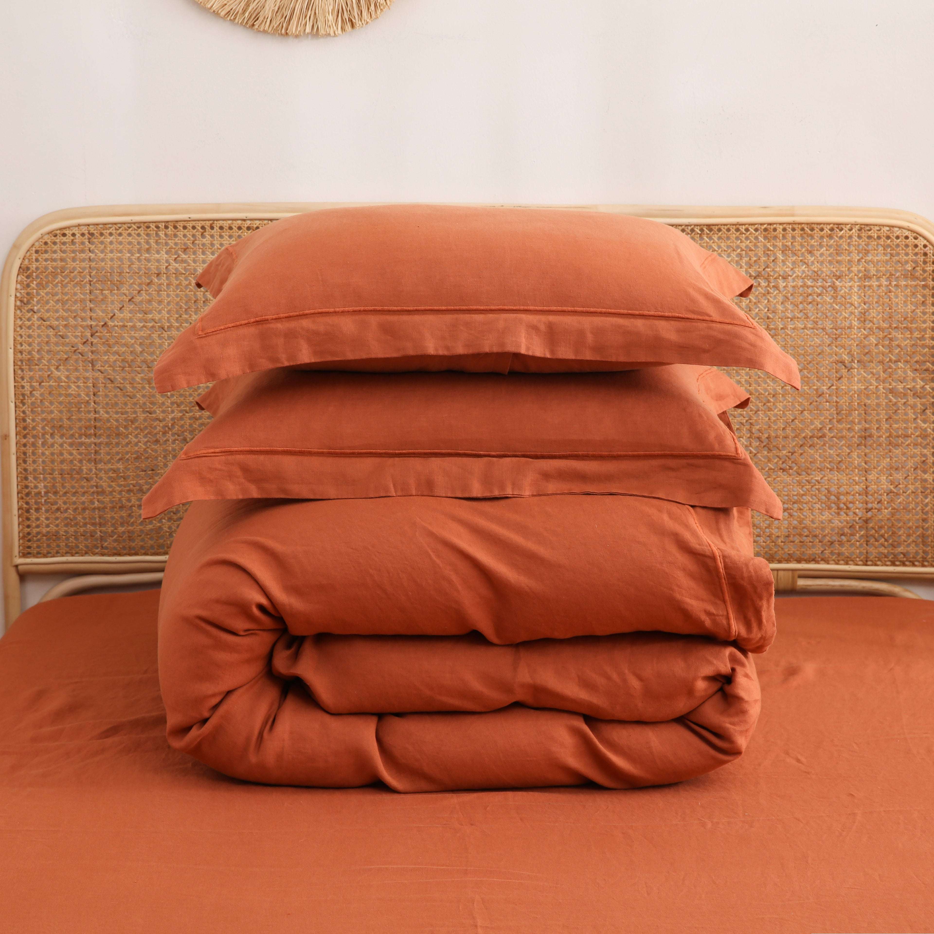 Caramel 100% Organic Linen Duvet Cover Set With Embroidery Line-Victory Symbol