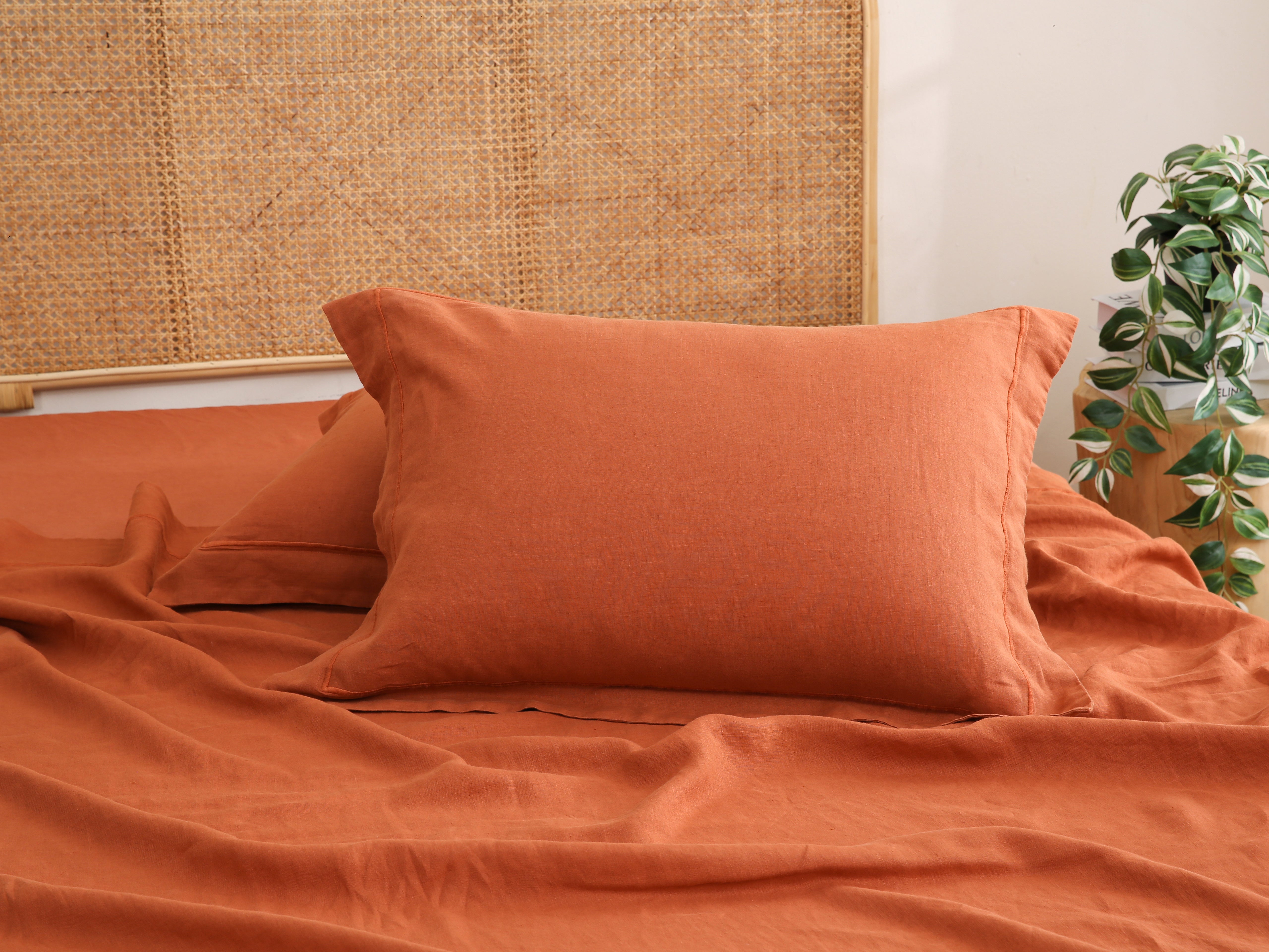 Caramel 100% Organic Linen Duvet Cover Set With Embroidery Line-Victory Symbol