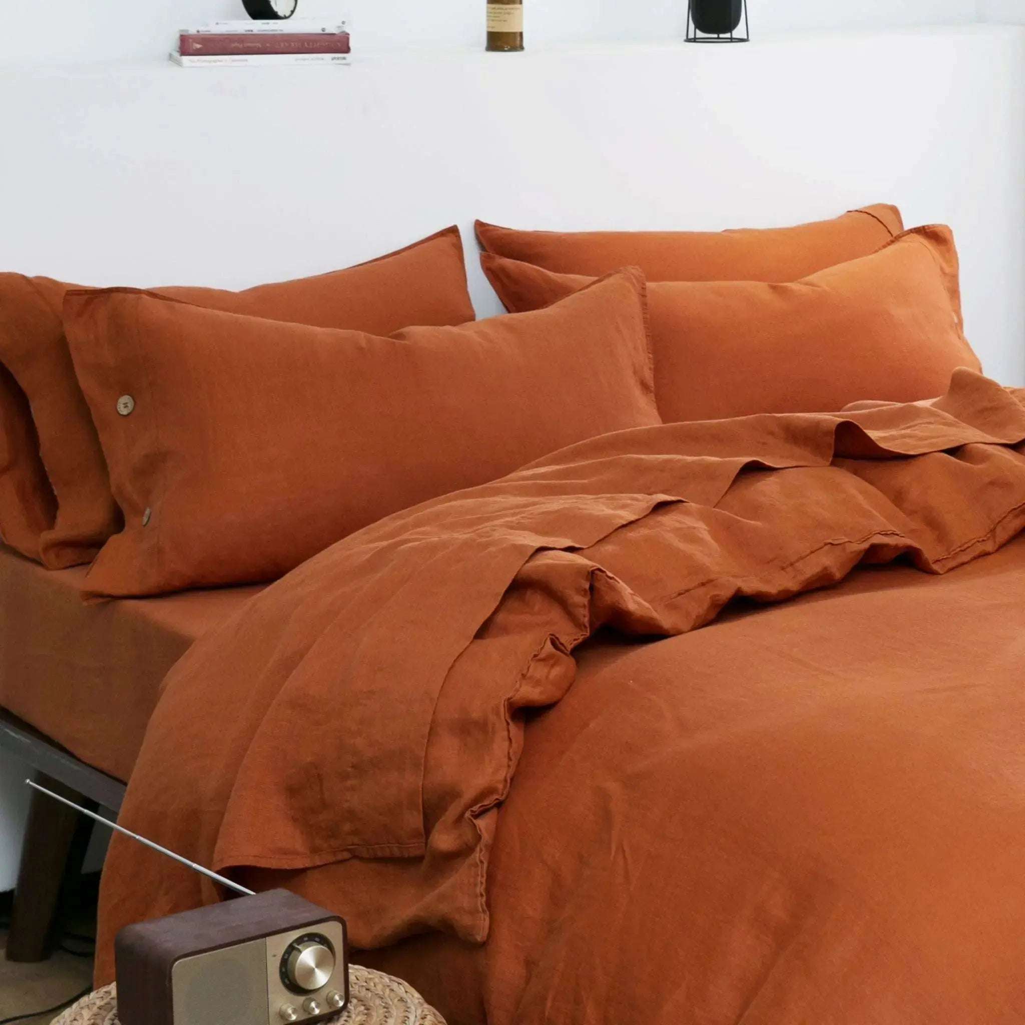 Caramel 100% Organic Linen Duvet Cover Set With Coconut Button Closure.
