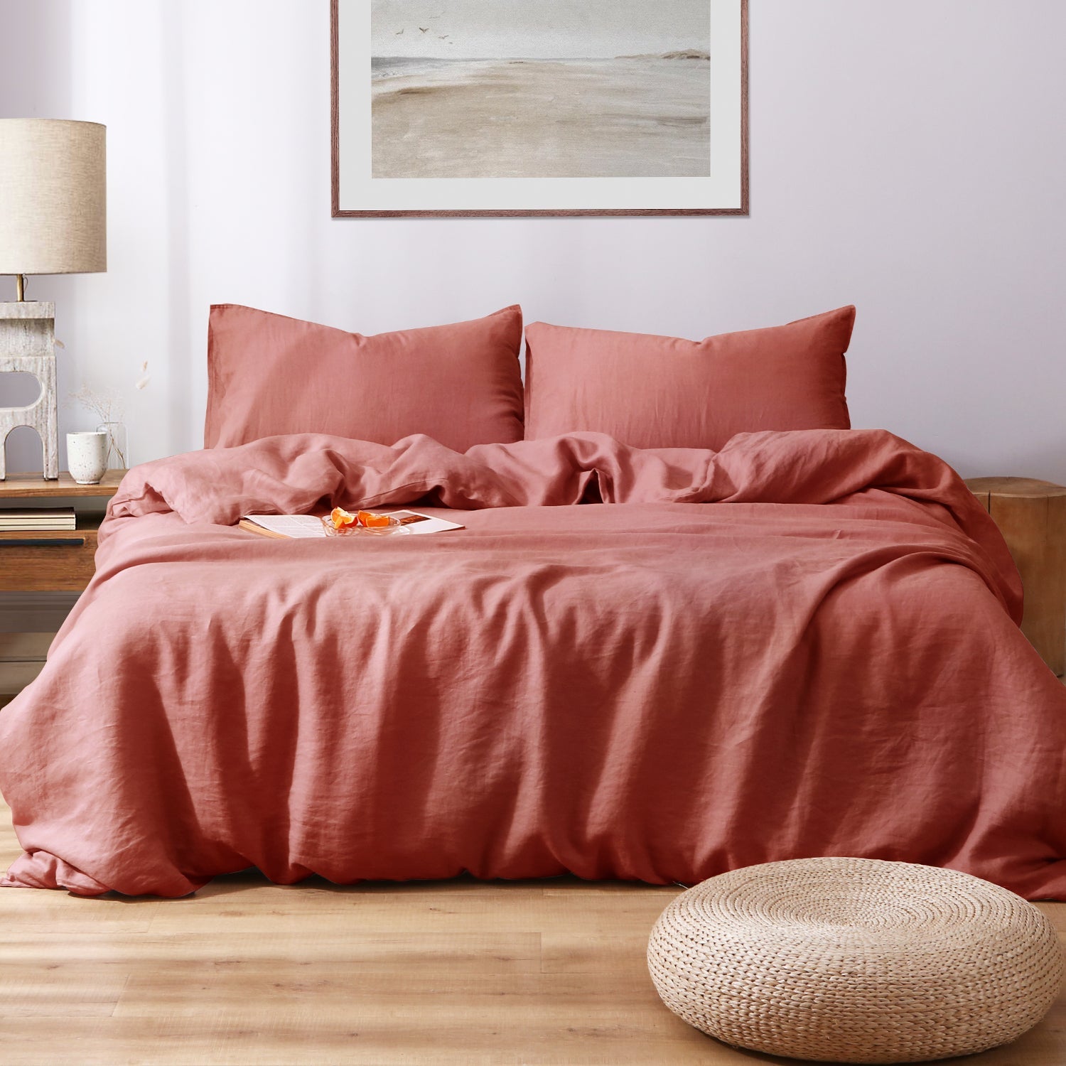 Clay Red 100% Organic Linen Duvet Cover Set - Victory Symbol