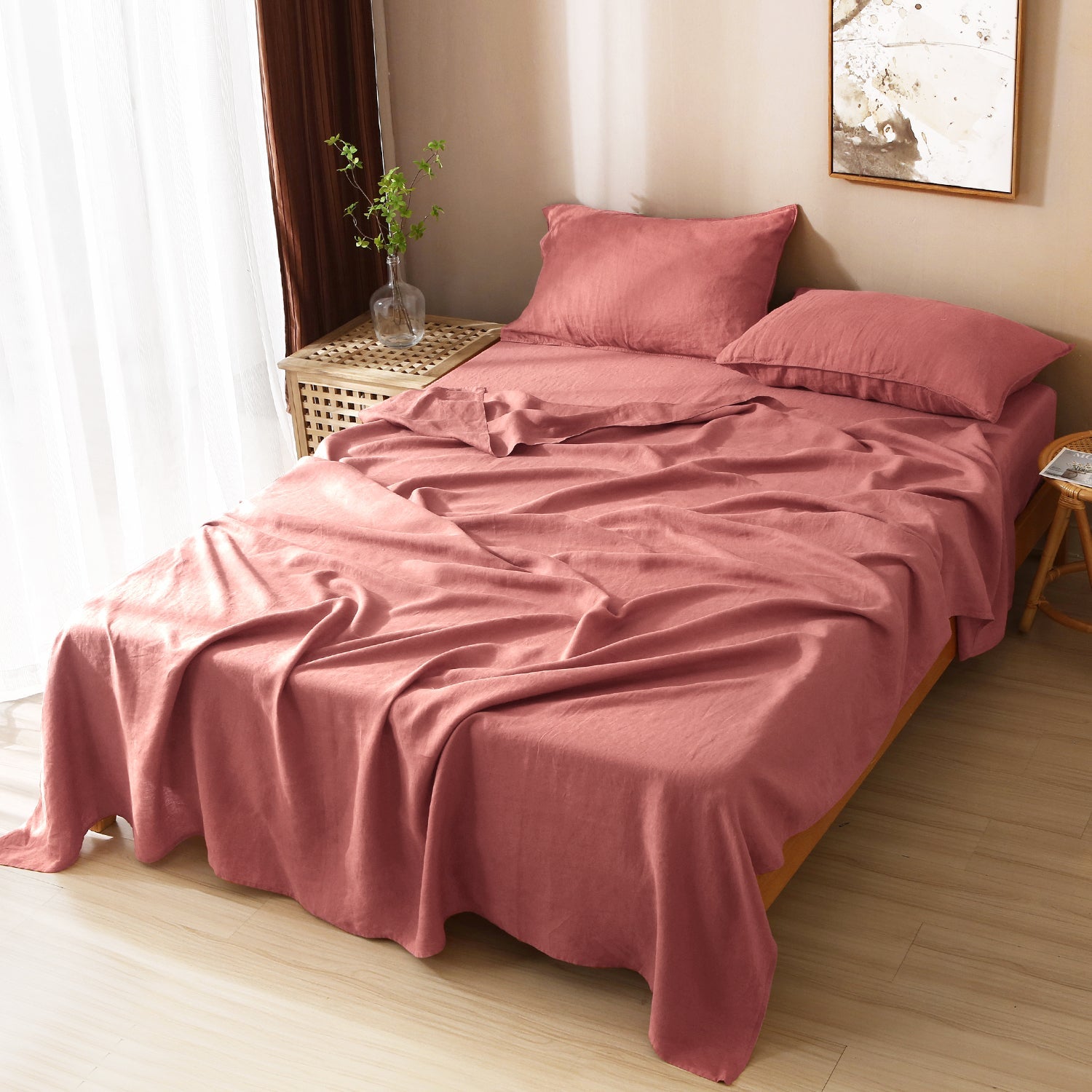 Clay Red 100% Organic Linen Flat Sheet - Victory Symbol