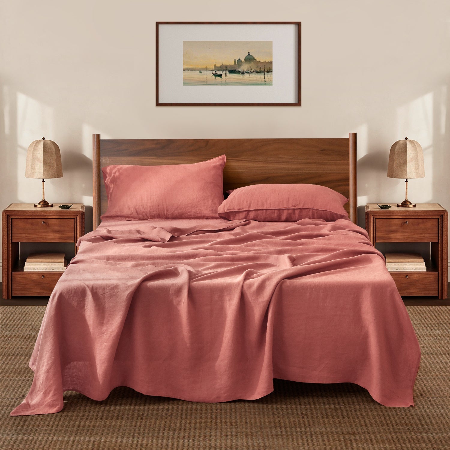 Clay Red 100% Organic Linen Sheets Set - Victory Symbol