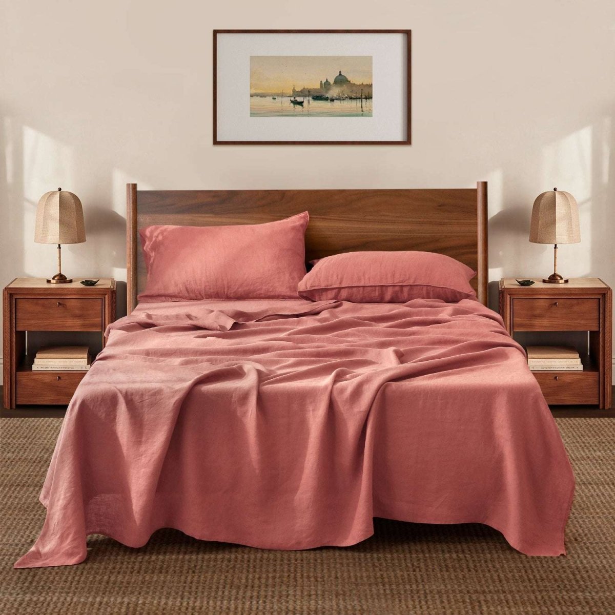 Clay Red 100% Organic Linen Sheets Set - Victory Symbol