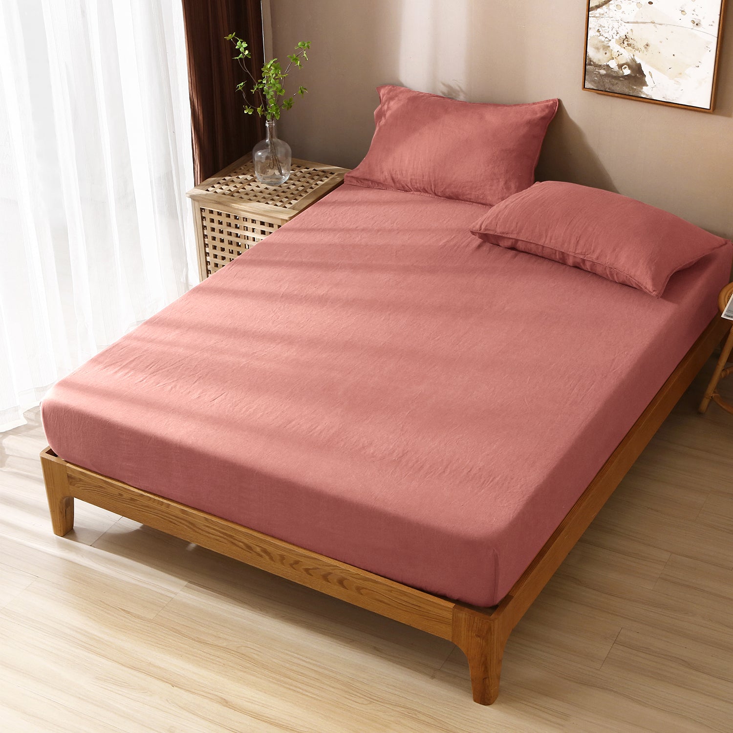 Clay Red 100% Organic Linen Sheets Set - Victory Symbol