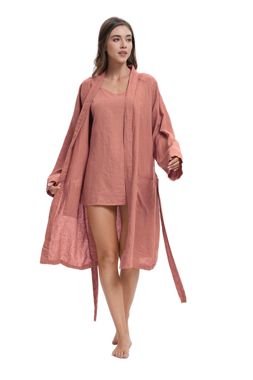 Clay Red 100% Organic Linen Women's V - Neck Robes - Victory Symbol