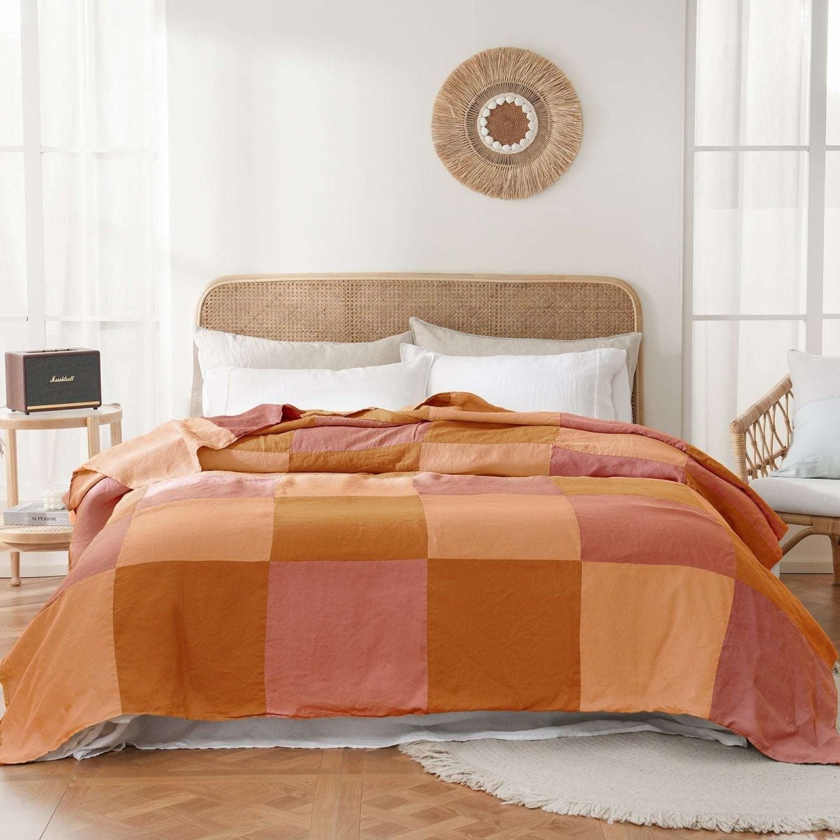 Clay Red Colorblock 100% Organic Linen Plaid Blanket & Throw - Victory Symbol