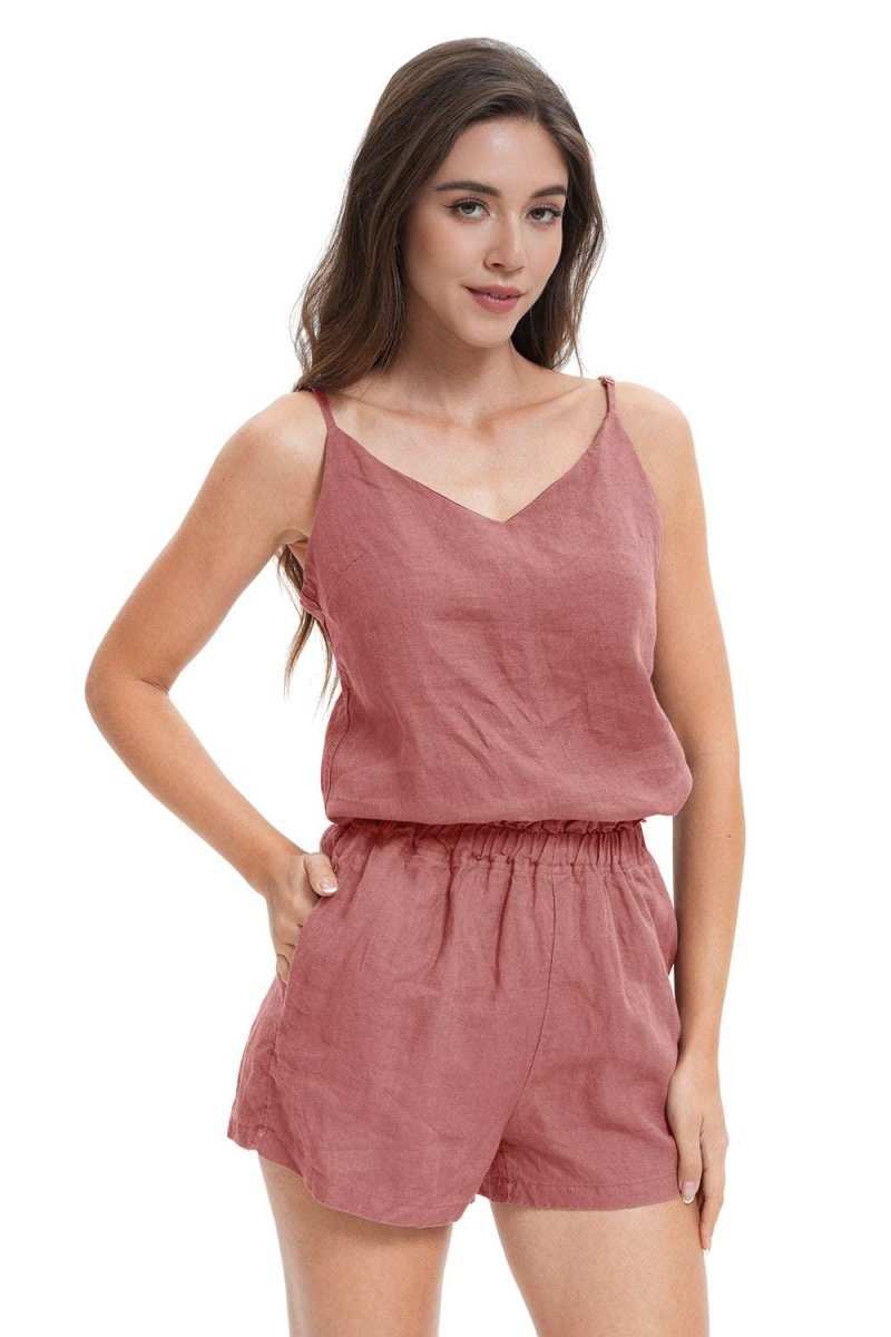 Clay Red Women's Linen Camisole Tank Top V - Neck Loose Casual Adjustable Strap - Victory Symbol