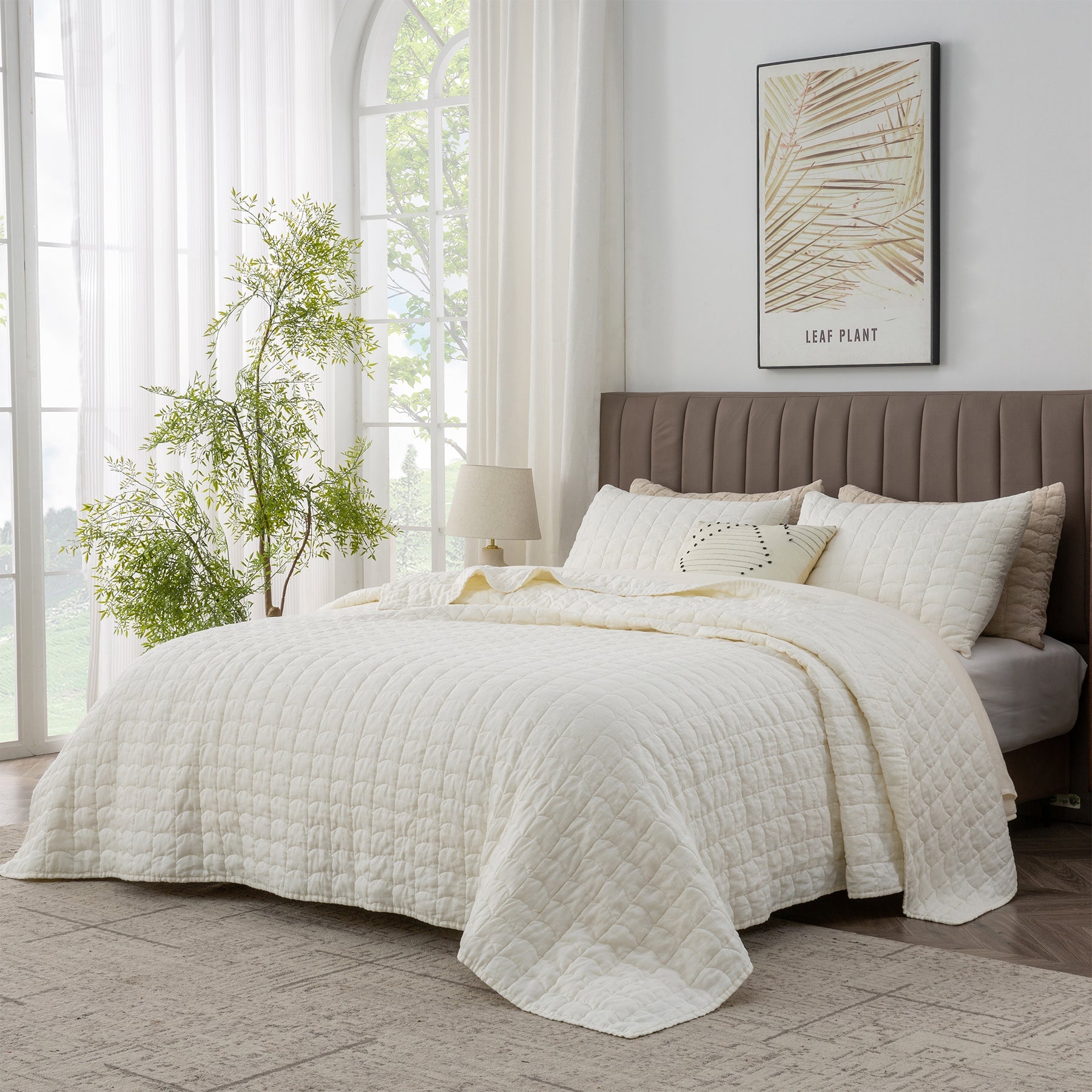 Creamy White 100% Organic Linen Quilt Set with tile pattern - Victory Symbol