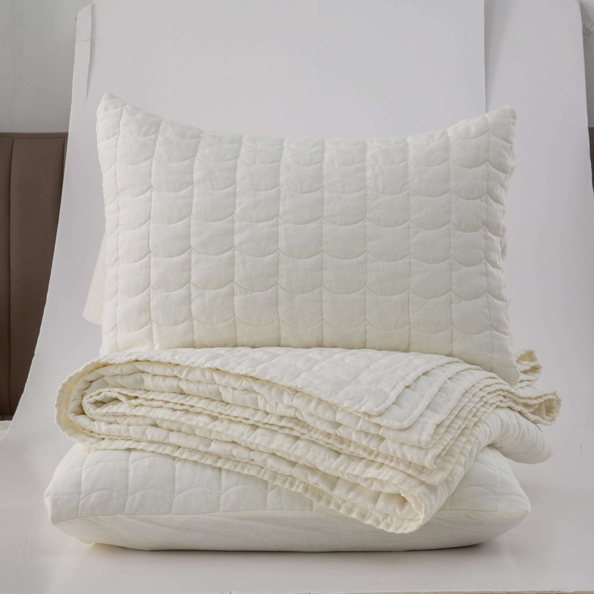 Creamy White 100% Organic Linen Quilt Set With Tile Pattern - Victory Symbol