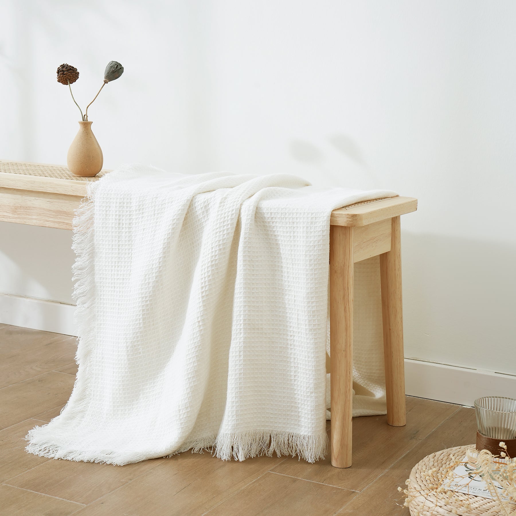 Creamy White 100% Organic Linen Waffle Plaid Blanket & Throw with Raw Edge - Victory Symbol