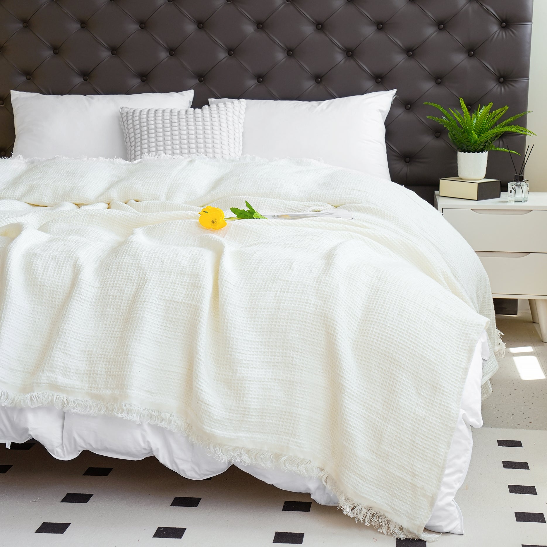 Creamy White 100% Organic Linen Waffle Plaid Blanket & Throw with Raw Edge - Victory Symbol