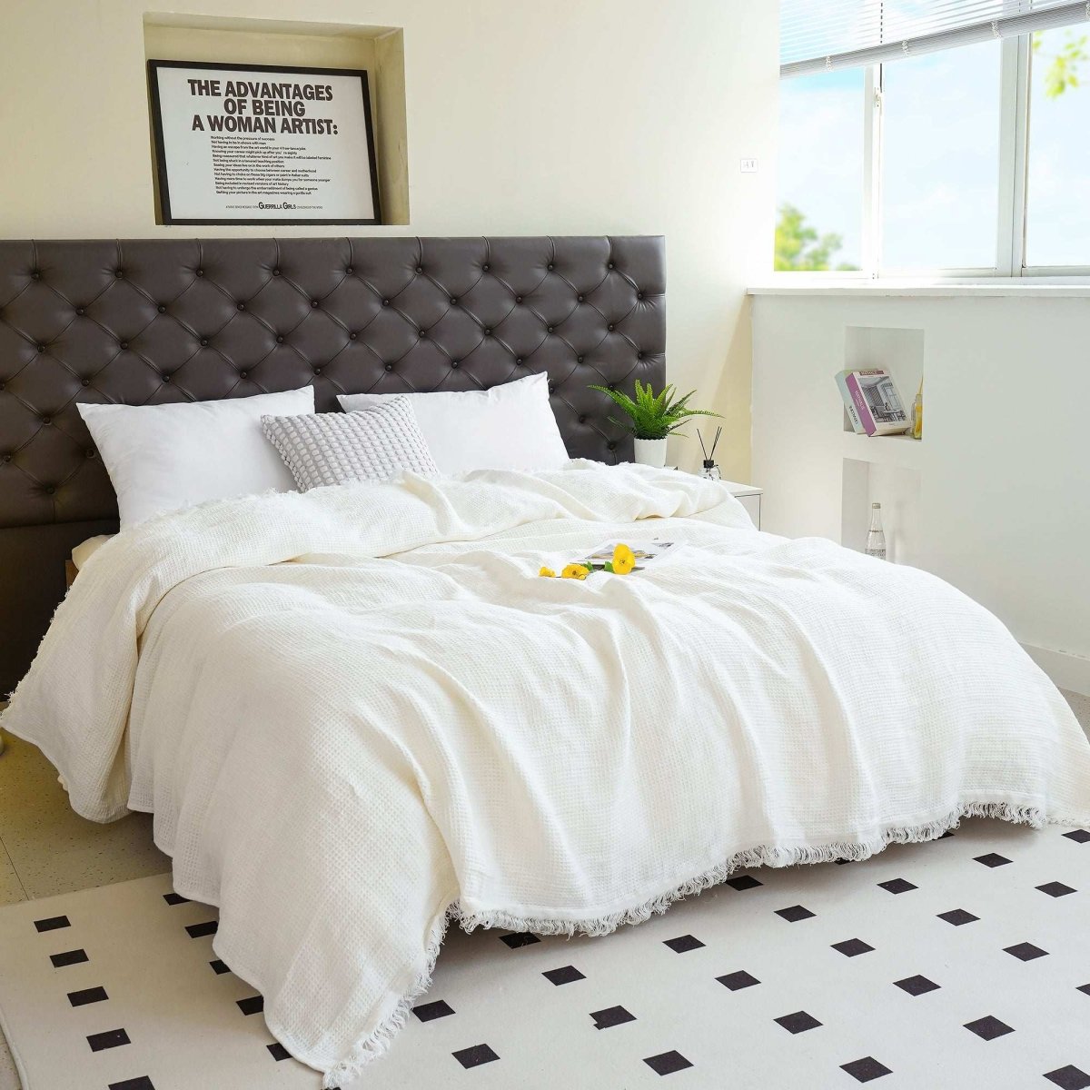 Creamy White 100% Organic Linen Waffle Plaid Blanket & Throw with Raw Edge - Victory Symbol