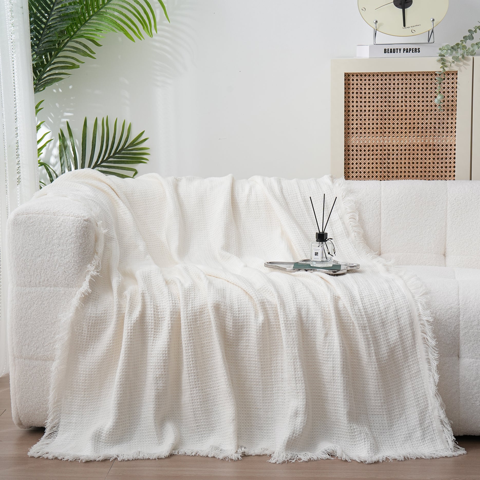 Creamy White 100% Organic Linen Waffle Plaid Blanket & Throw with Raw Edge - Victory Symbol