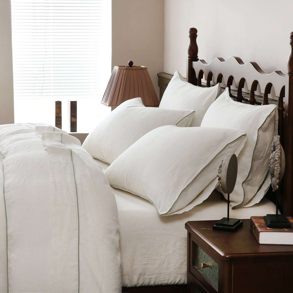 Creamy White With Mint Green Piping 100% Organic Linen Duvet Cover Set - Victory Symbol
