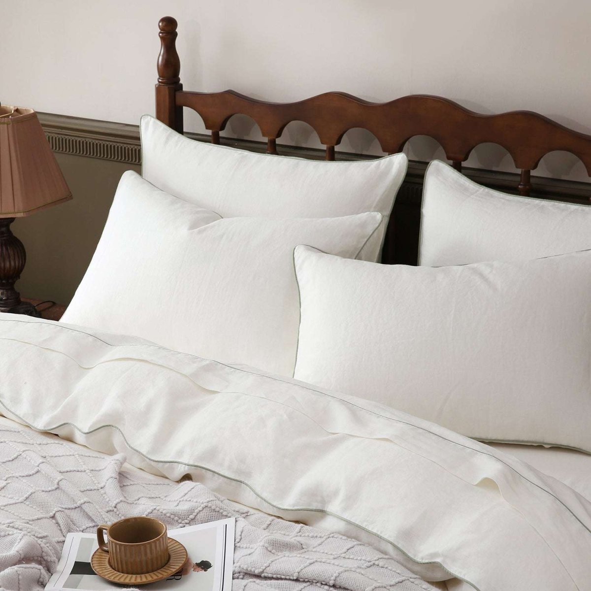 Creamy White With Mint Green Piping 100% Organic Linen Duvet Cover Set - Victory Symbol