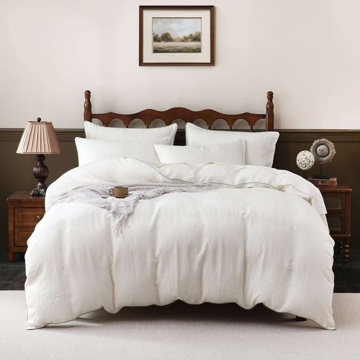 Creamy White With Mint Green Piping 100% Organic Linen Duvet Cover Set - Victory Symbol