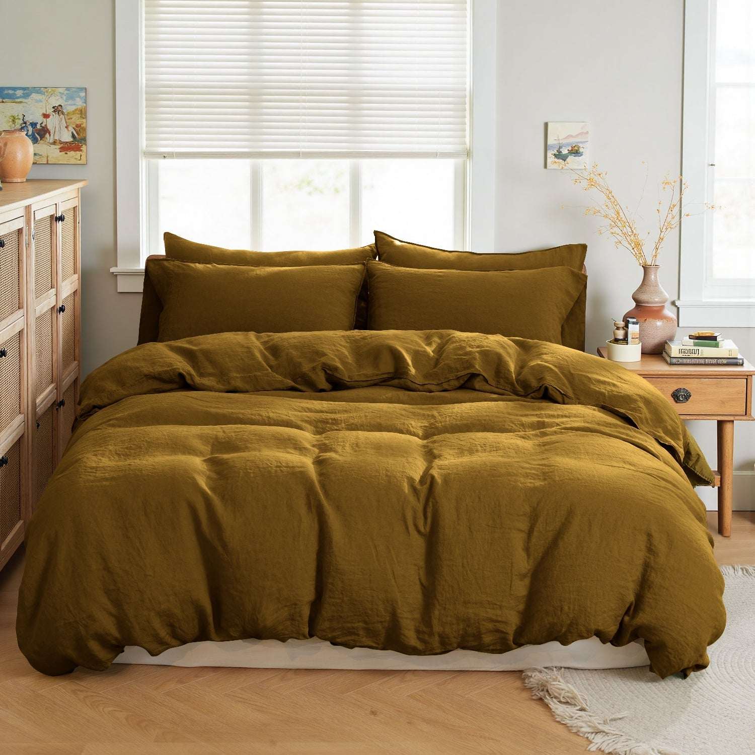 Dark Olive Green 100% Organic Linen Duvet Cover Set-Victory Symbol