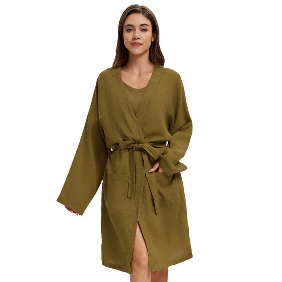 Dark Olive Green 100% Organic Linen Women's V - Neck Robes - Victory Symbol