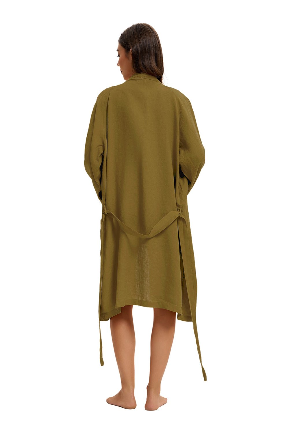 Dark Olive Green 100% Organic Linen Women's V - Neck Robes - Victory Symbol