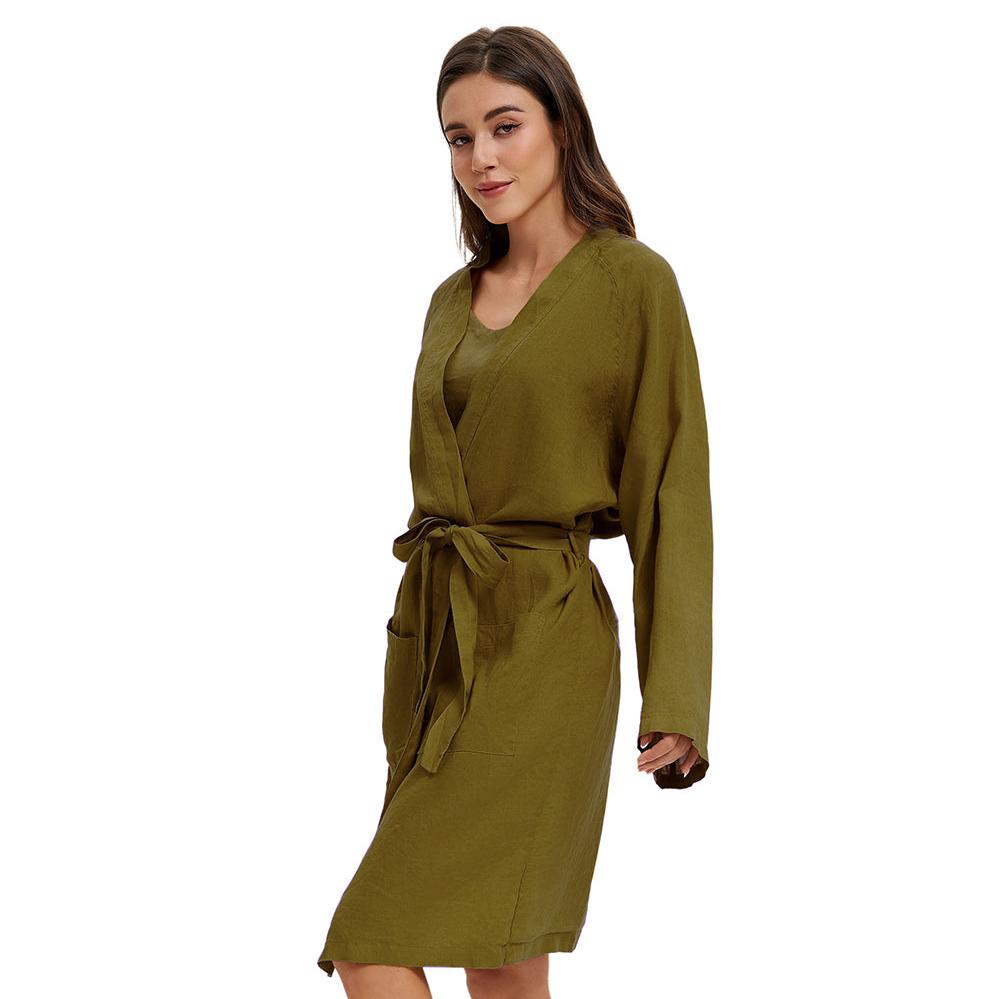 Dark Olive Green 100% Organic Linen Women's V - Neck Robes - Victory Symbol