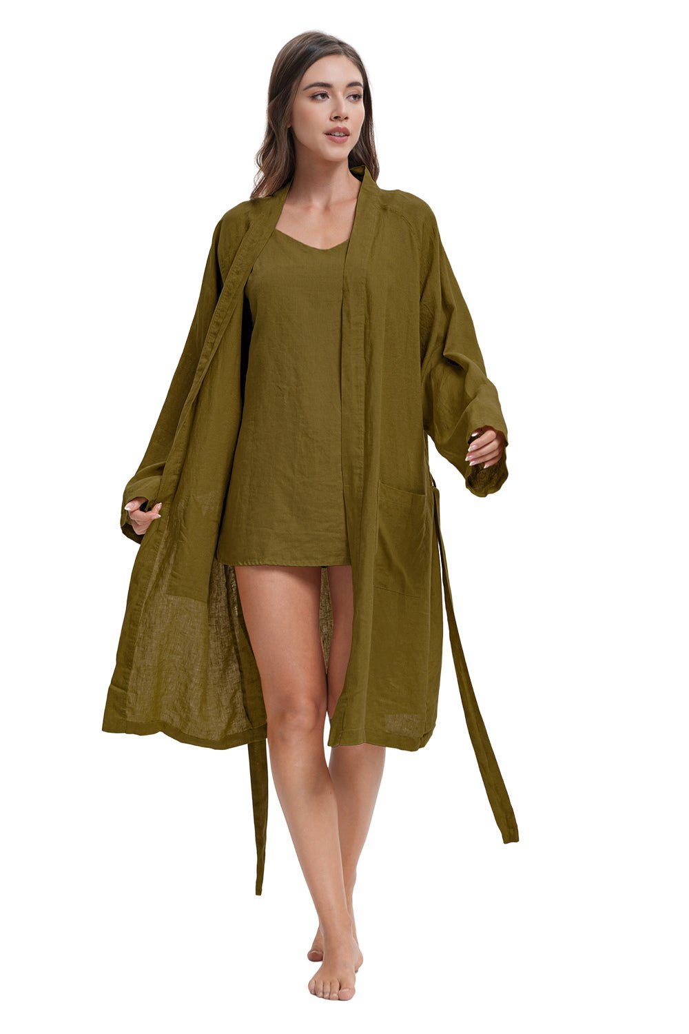 Dark Olive Green 100% Organic Linen Women's V - Neck Robes - Victory Symbol