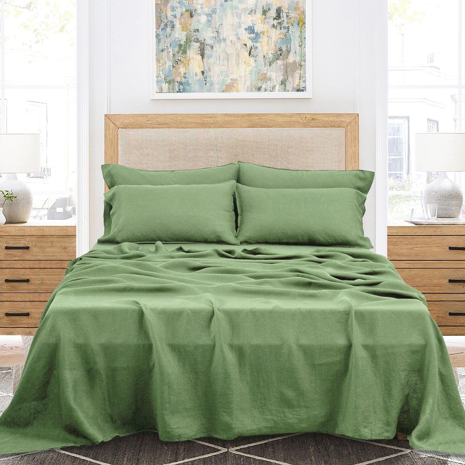 Forest Green 100% Organic Linen Sheets Set - Victory Symbol