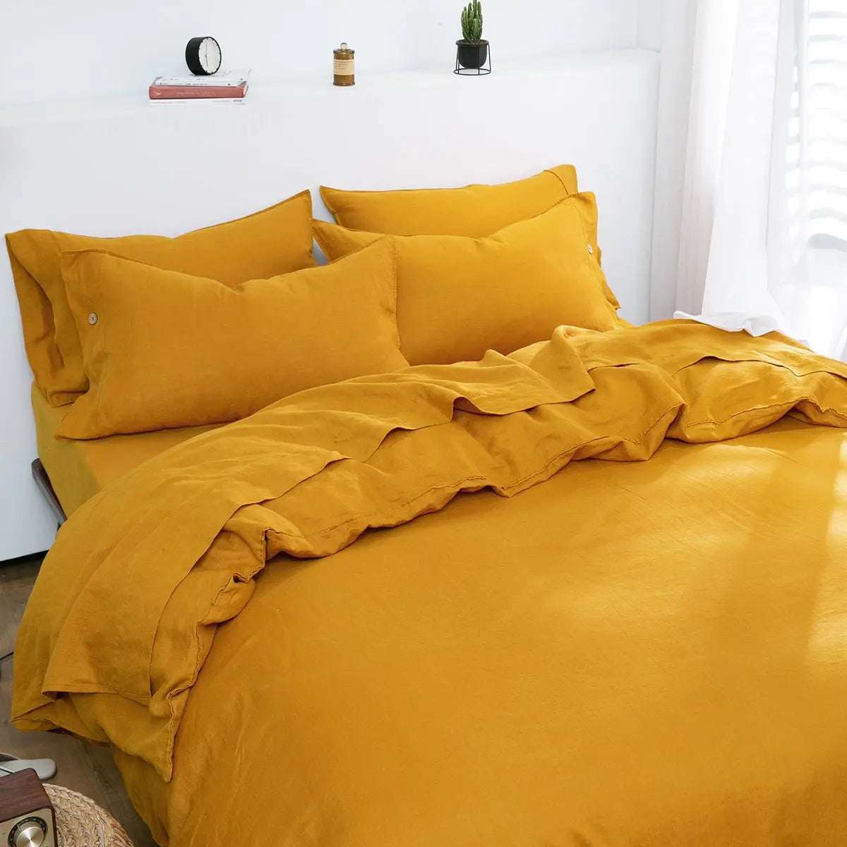 Ginger Yellow 100% Organic Linen Duvet Cover With Coconut Button Closure(Only 1 Piece).