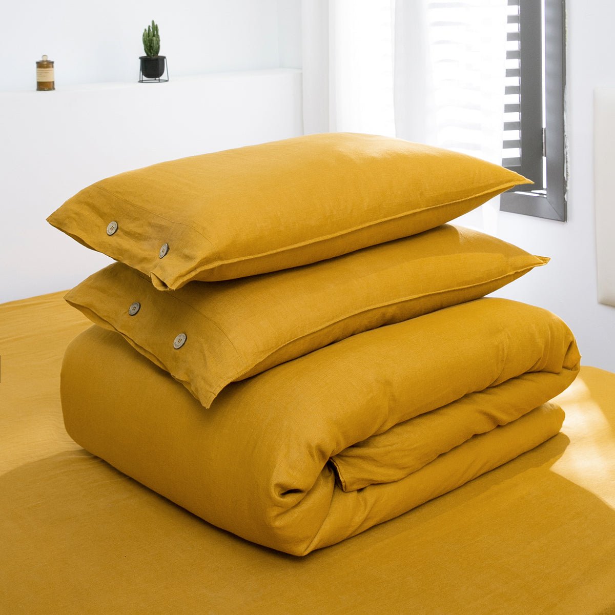 Ginger Yellow 100% Organic Linen Duvet Cover Set - Victory Symbol