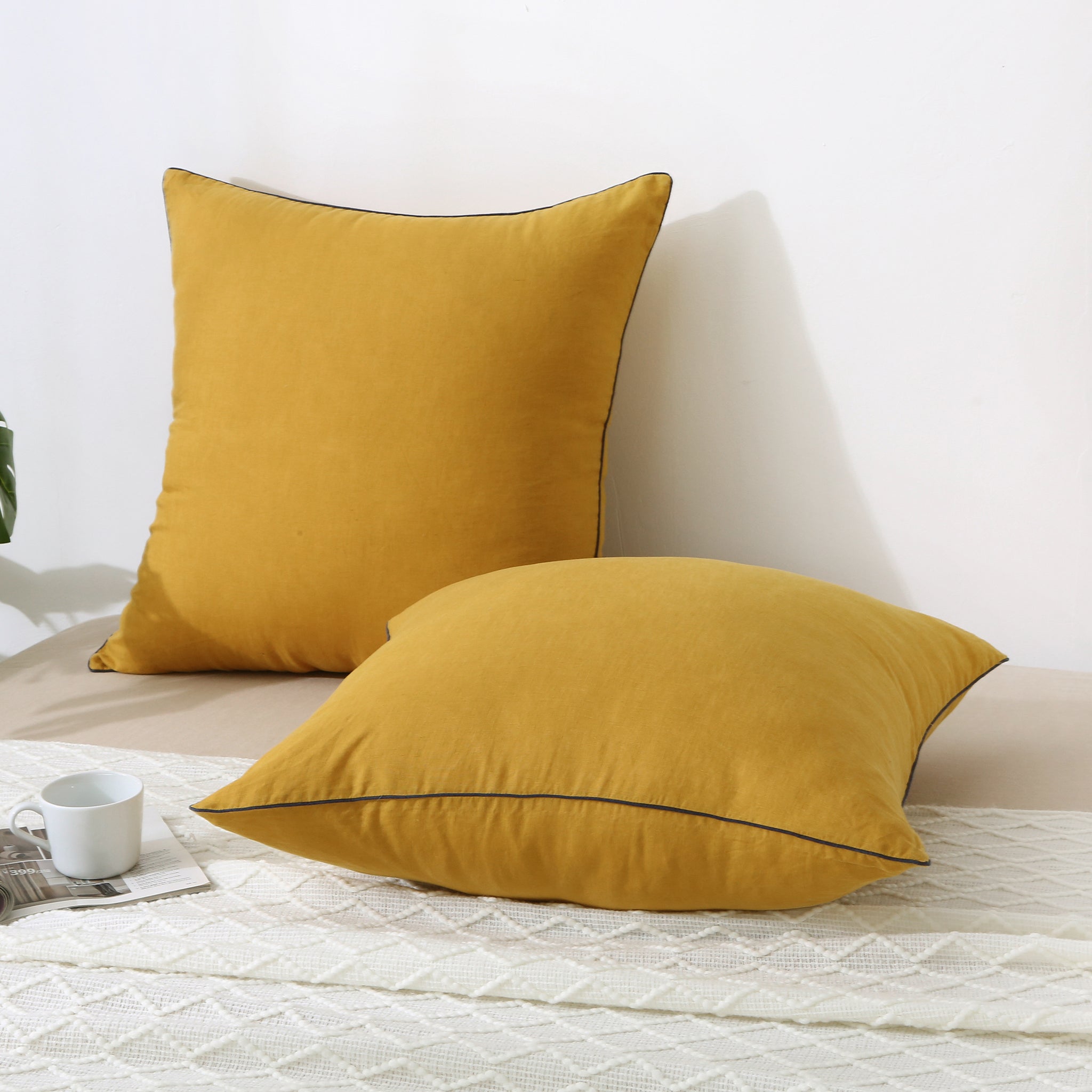 Ginger Yellow 100% Organic Linen Euro Pillowcases With Blue Edge - Victory Symbol