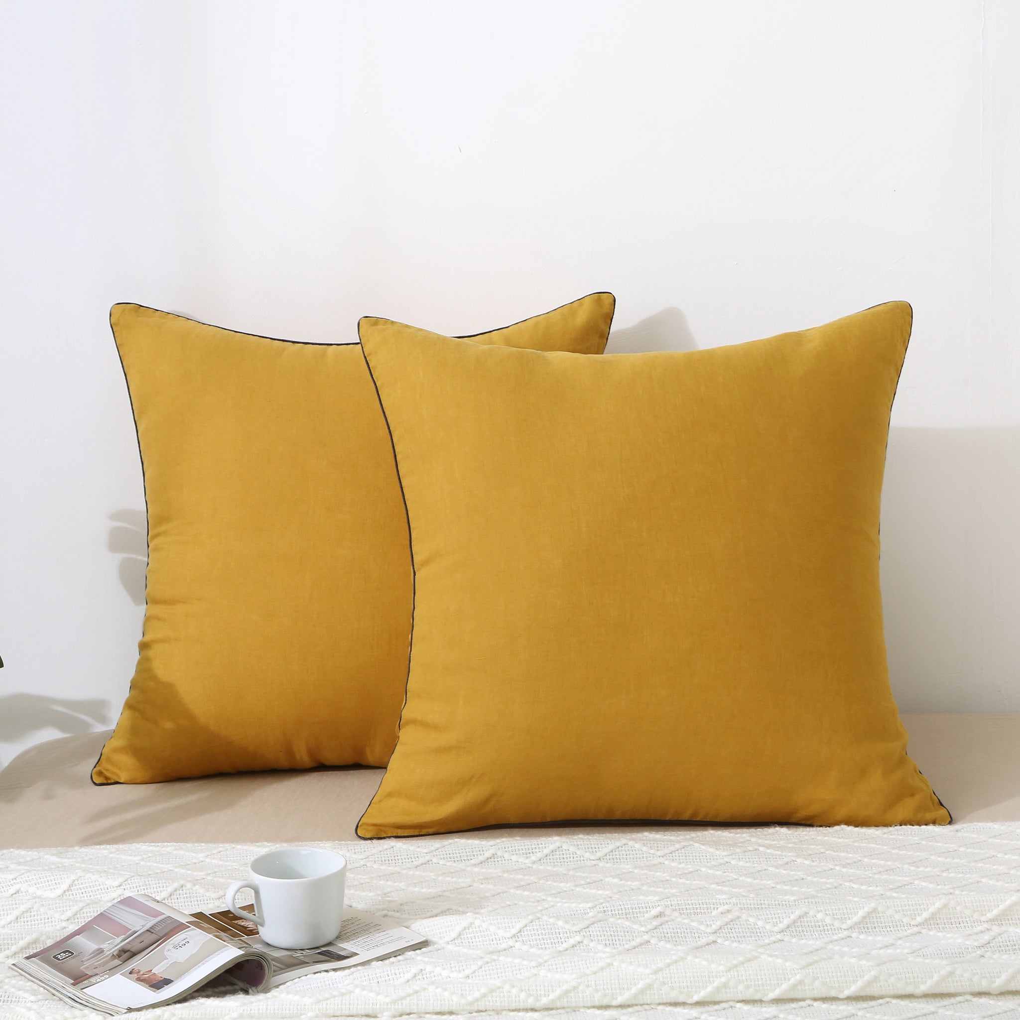 Ginger Yellow 100% Organic Linen Euro Pillowcases With Blue Edge - Victory Symbol