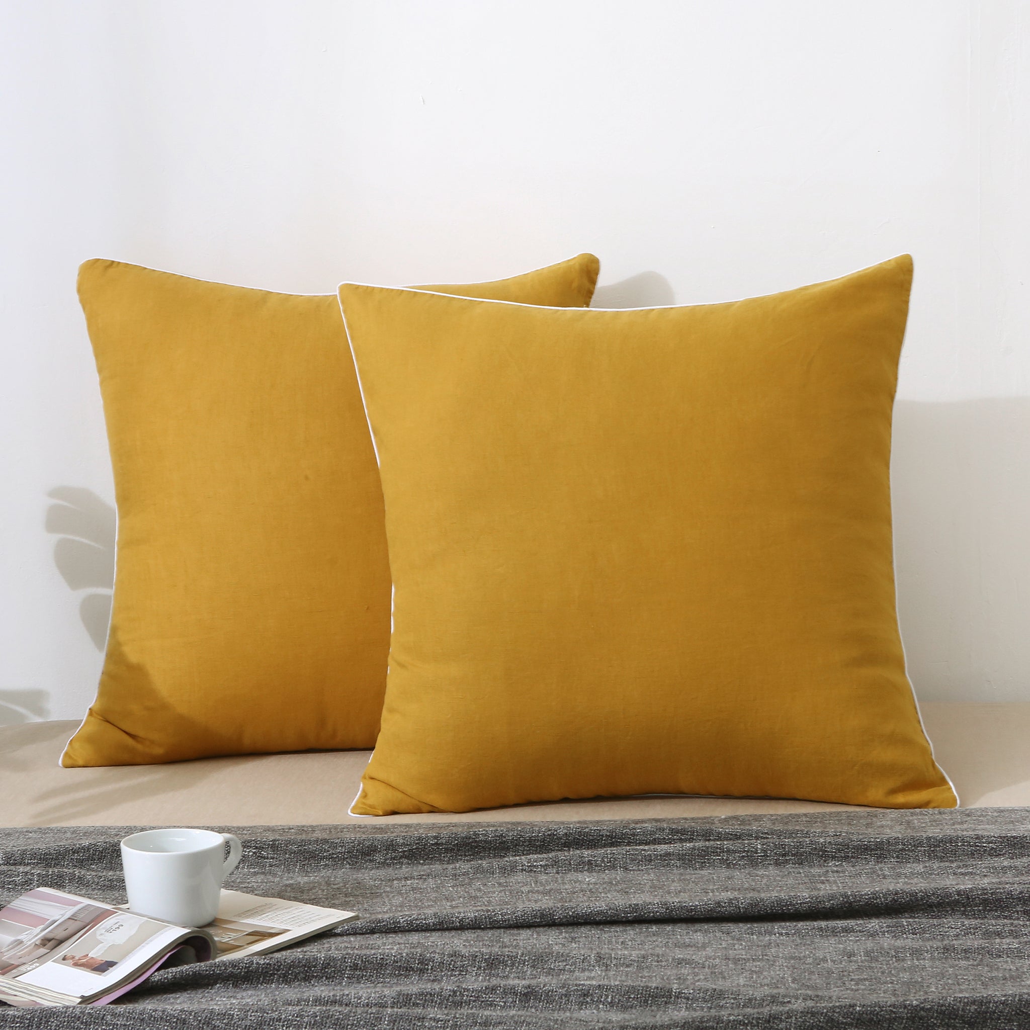 Ginger Yellow 100% Organic Linen Euro Pillowcases With White Edge - Victory Symbol