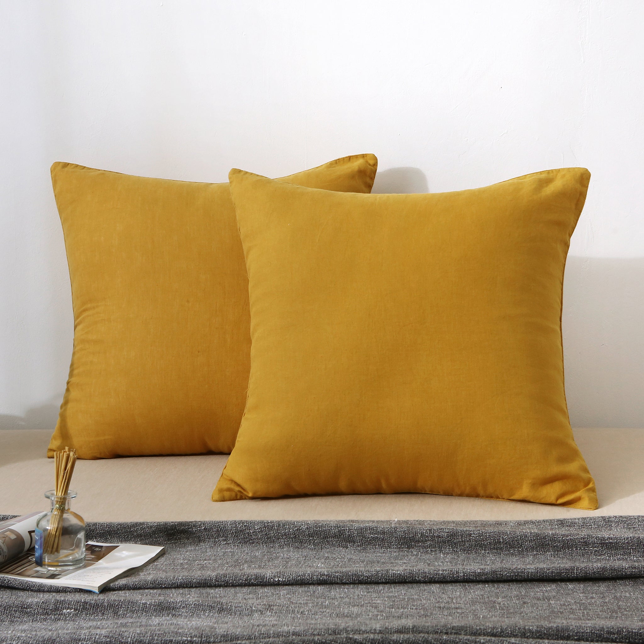 Ginger Yellow 100% Organic Linen Euro Pillowcases With Yellow Edge - Victory Symbol