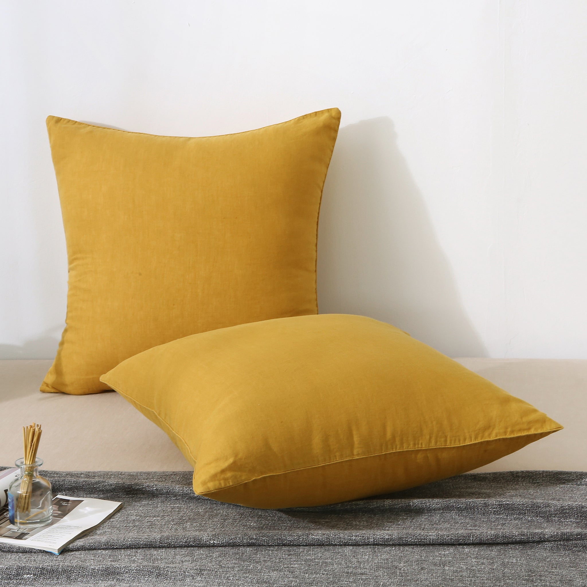 Ginger Yellow 100% Organic Linen Euro Pillowcases With Yellow Edge - Victory Symbol