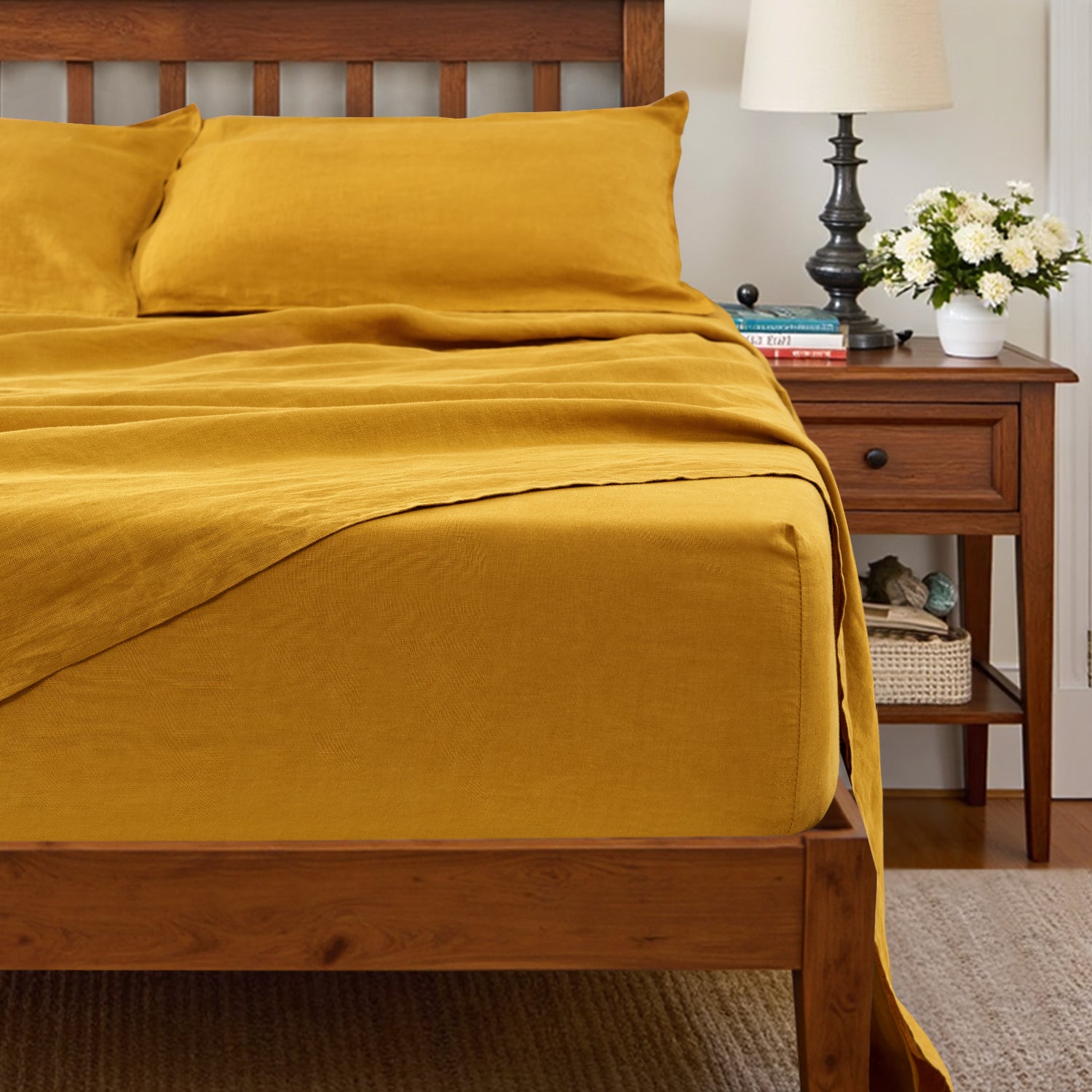 Ginger Yellow 100% Organic Linen Fitted Sheet-Victory Symbol