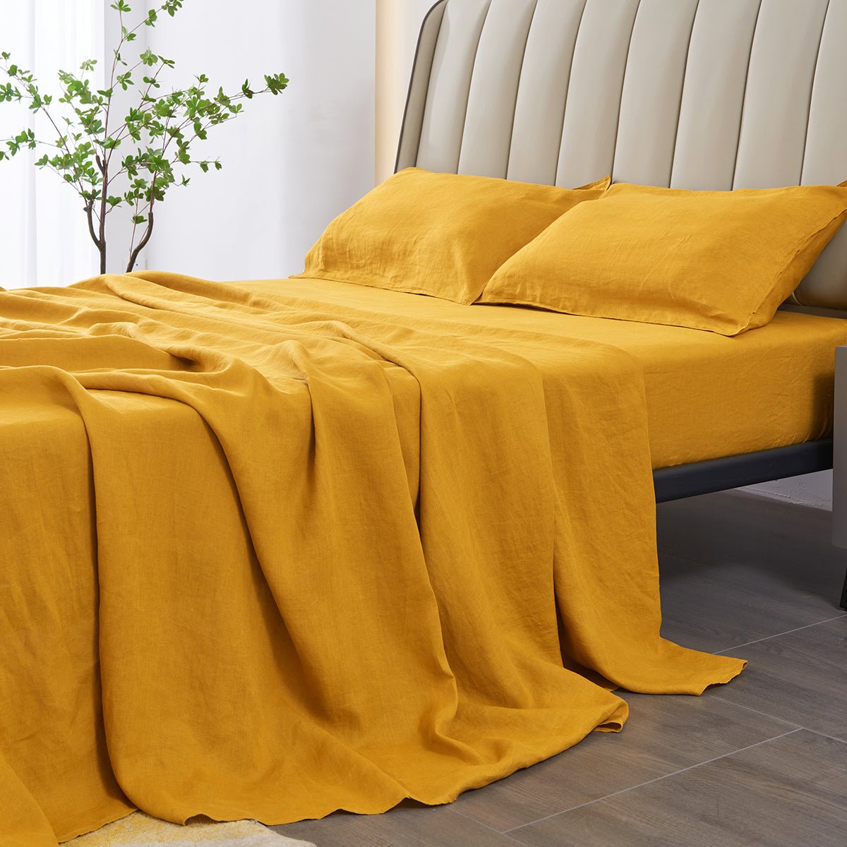 Ginger Yellow 100% Organic Linen Flat Sheet - Victory Symbol