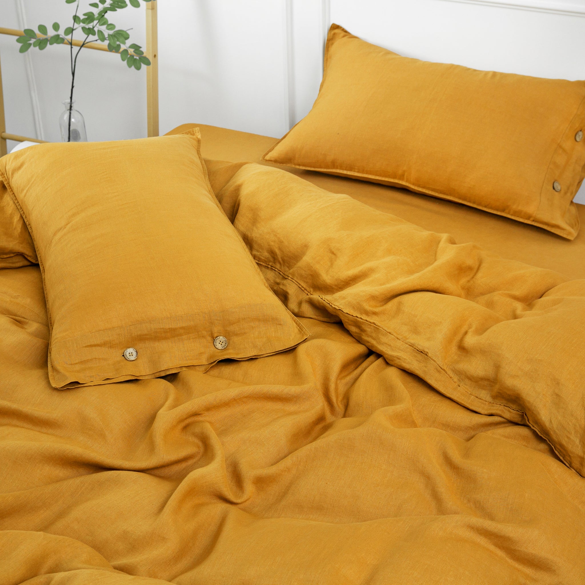 Ginger Yellow 100% Organic Linen Pillowcases With Coconut Button Closure - Victory Symbol