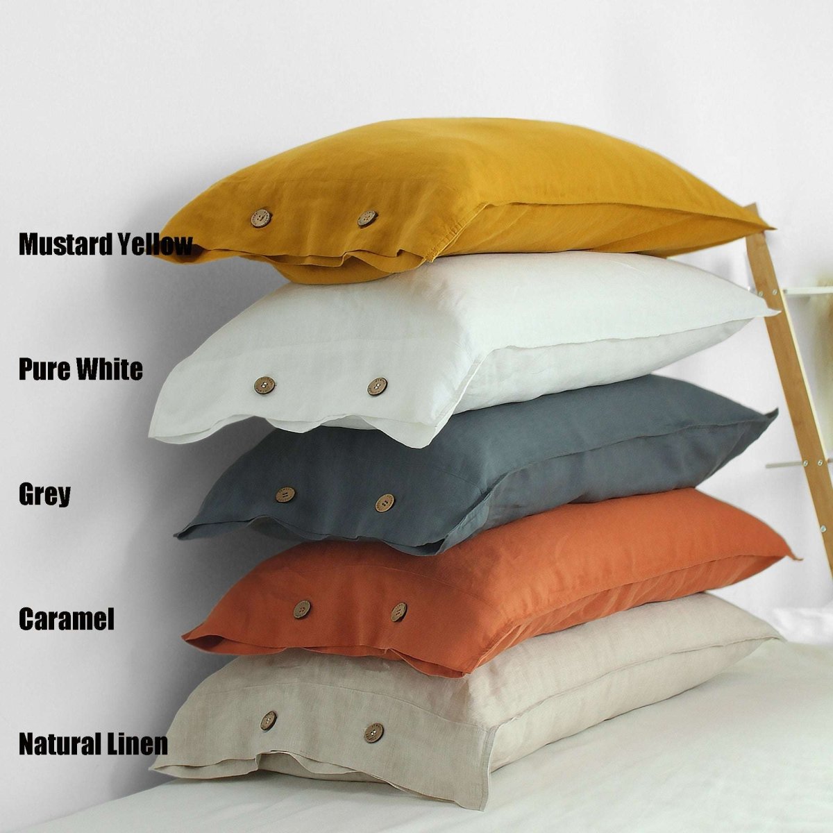 Ginger Yellow 100% Organic Linen Pillowcases With Coconut Button Closure - Victory Symbol